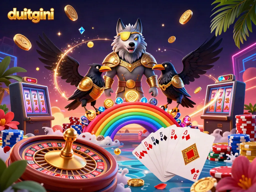 Experience the thrill of gaming with Duitgini – a vibrant scene showcasing a 3D Odin wolf with golden coins, poker chips, and a roulette wheel.