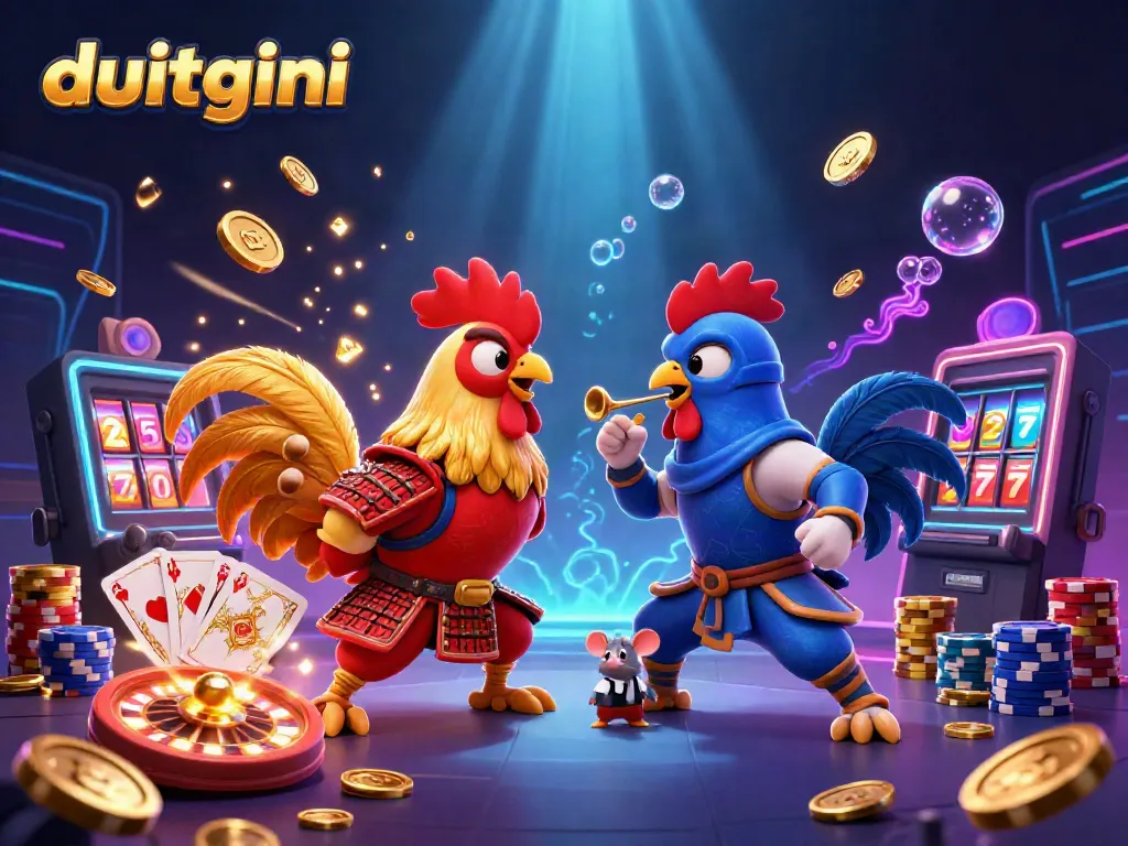Engage with the dynamic duel of duitgini's samurai and ninja roosters amidst vibrant casino elements.