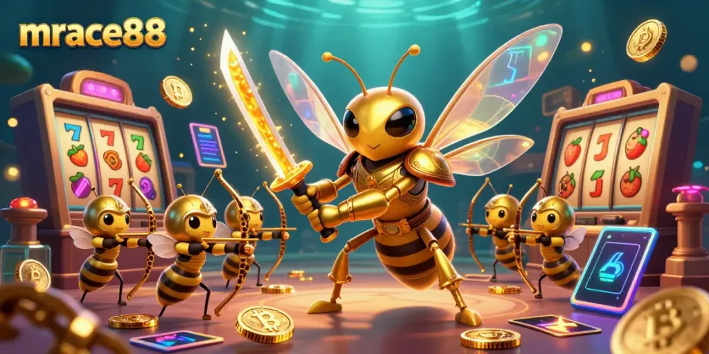 Experience casino thrills with mrace88 as a giant golden hornet samurai and bee archers enhance your gaming adventure.
