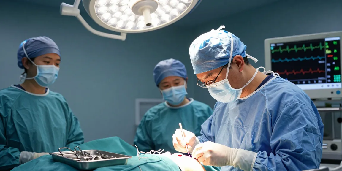 Surgeon performing sutures during surgery, showcasing precision and medical instruments in a bright operating room