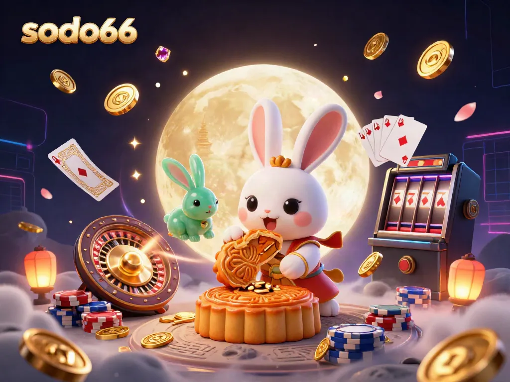Experience vibrant gaming with sodo66 as mythical characters celebrate with coins and poker chips.