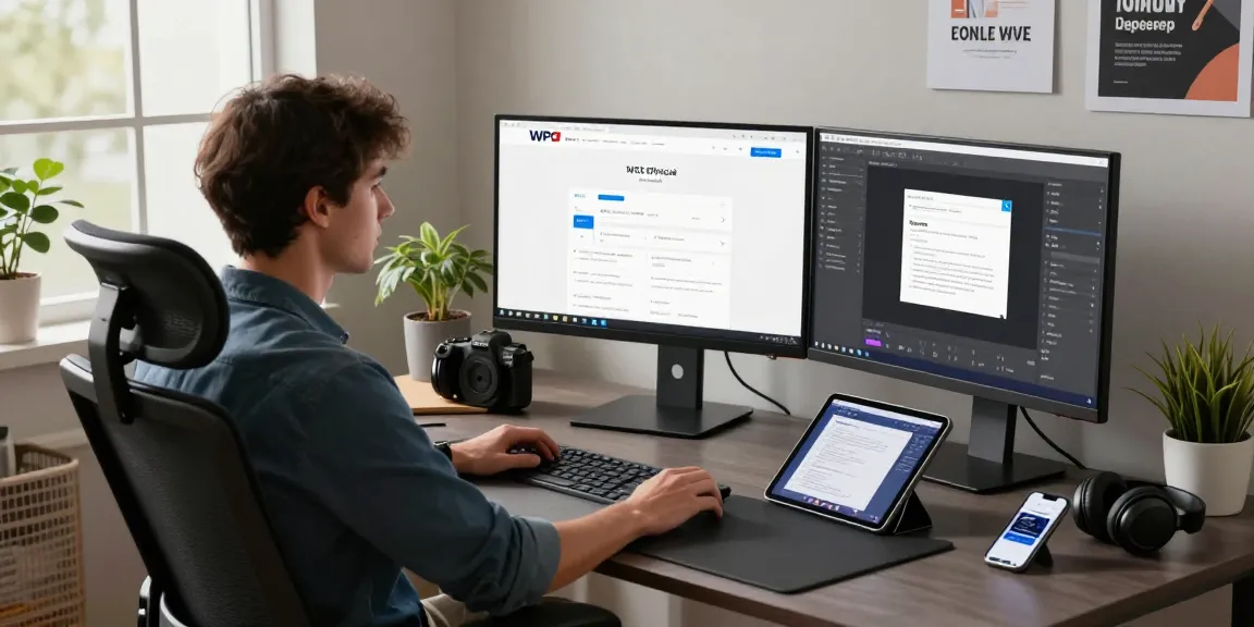 Professional workspace showcasing the WPS Official Website on dual monitors for effective collaboration.