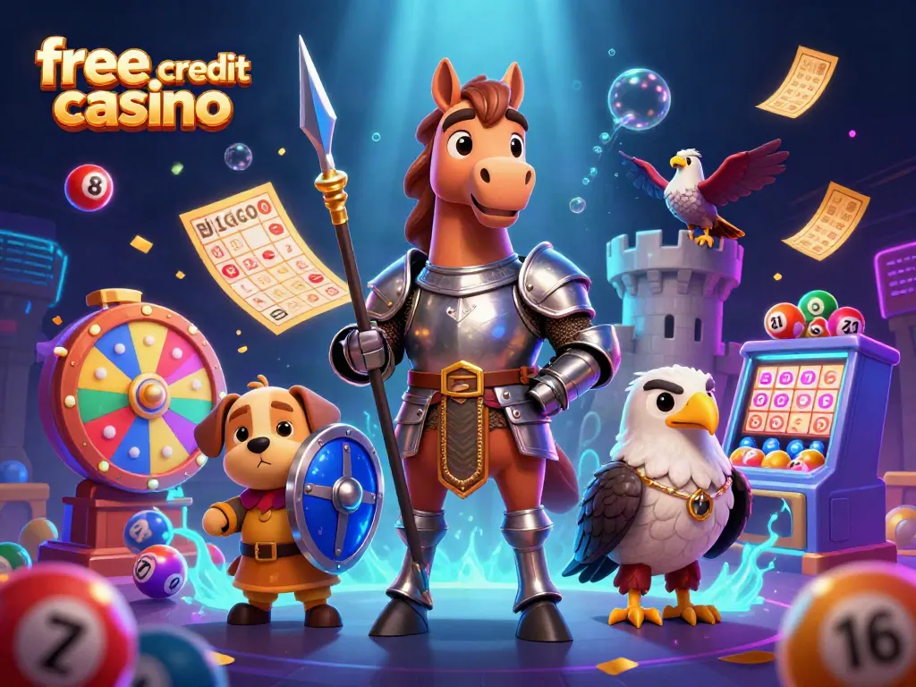 Engage with vibrant free credit casino gameplay featuring knights, lottery balls, and dynamic elements.
