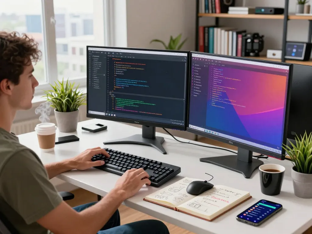 Developer engaging with the clawd bot in a vibrant tech workspace, dual monitors showcasing code and chat.