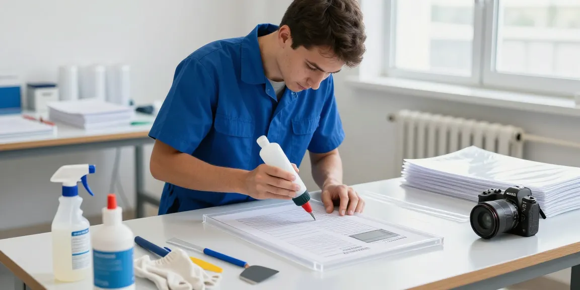 Kỹ thuật viên chuyên nghiệp thực hiện dịch vụ Địa chỉ bóc ép plastic trong một xưởng sạch, thể hiện các kỹ thuật phục hồi tài liệu chuyên nghiệp.