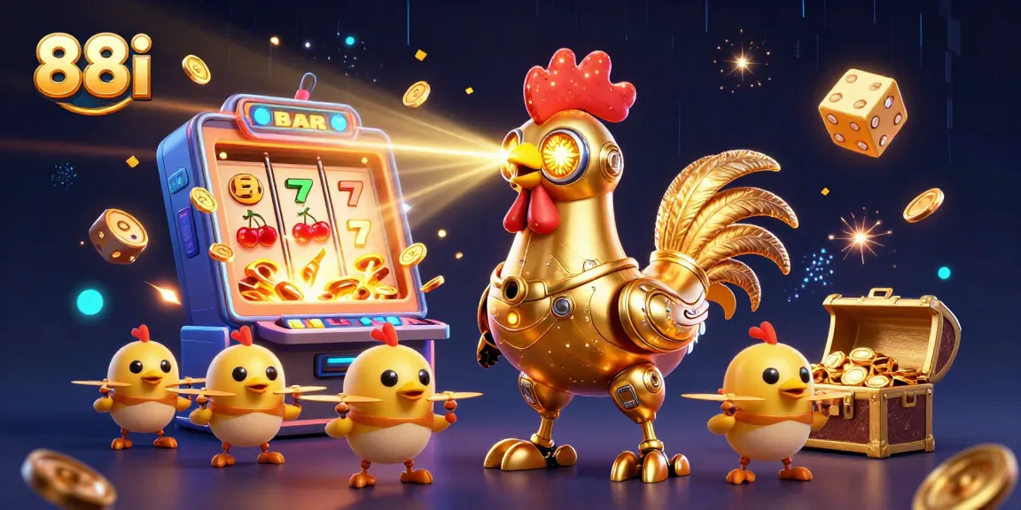 88i slot machine explosion alongside laser-shooting rooster robot and baby chick drones.