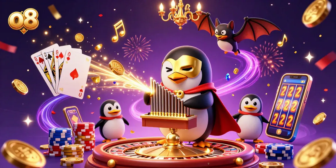 Experience thrilling moments at o8 with a cartoon penguin playing an organ, showering coins.