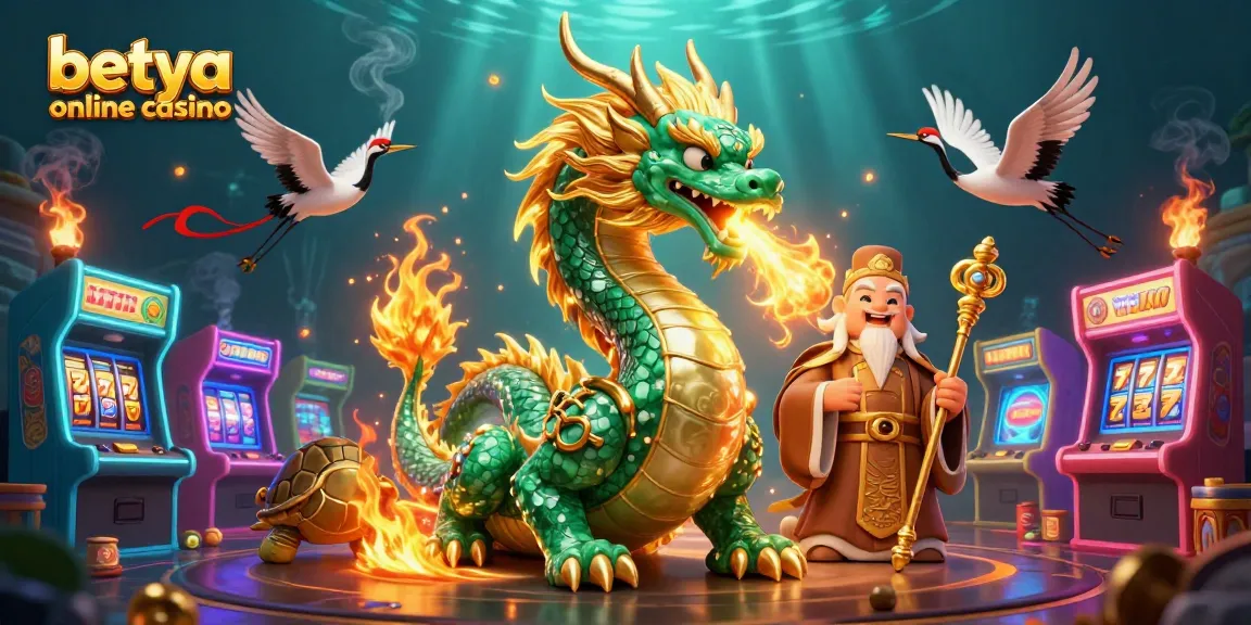 Experience the thrill at betya online casino with a jade dragon, turtle sage, and lucky cranes amidst vibrant gaming elements.
