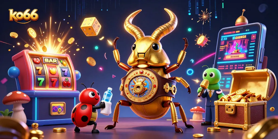 Engaging ko66 scene featuring a golden stag beetle champion in a lively casino environment.