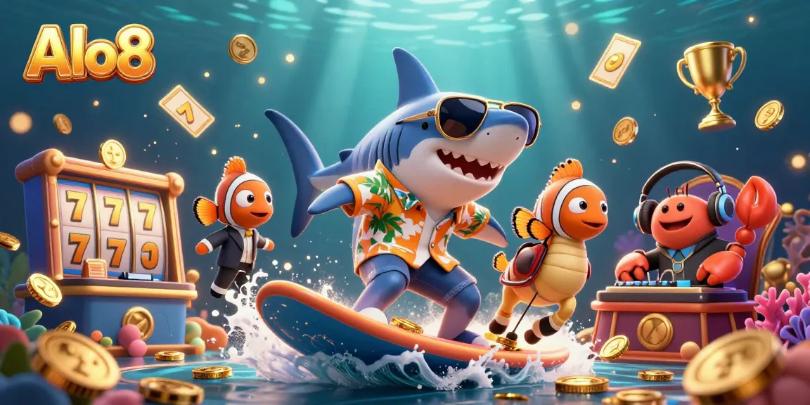 Alo8 features a cartoonish shark surfing on gold coins amidst vibrant casino elements, highlighting online betting excitement.
