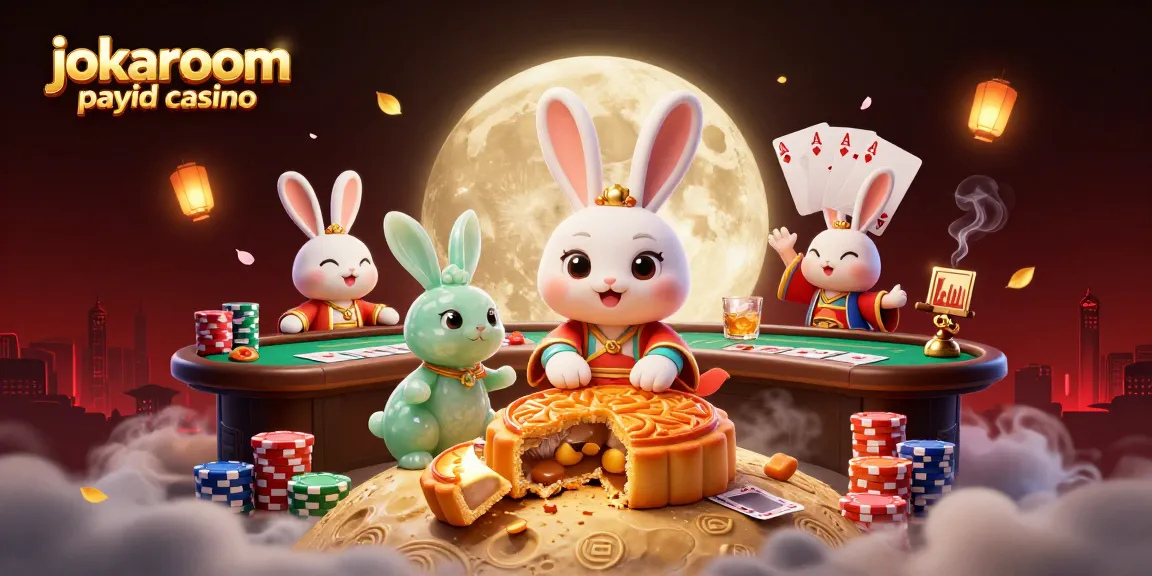 Experience thrilling action at jokaroom payid casino with playful moon rabbits and poker chips bursting from mooncakes.