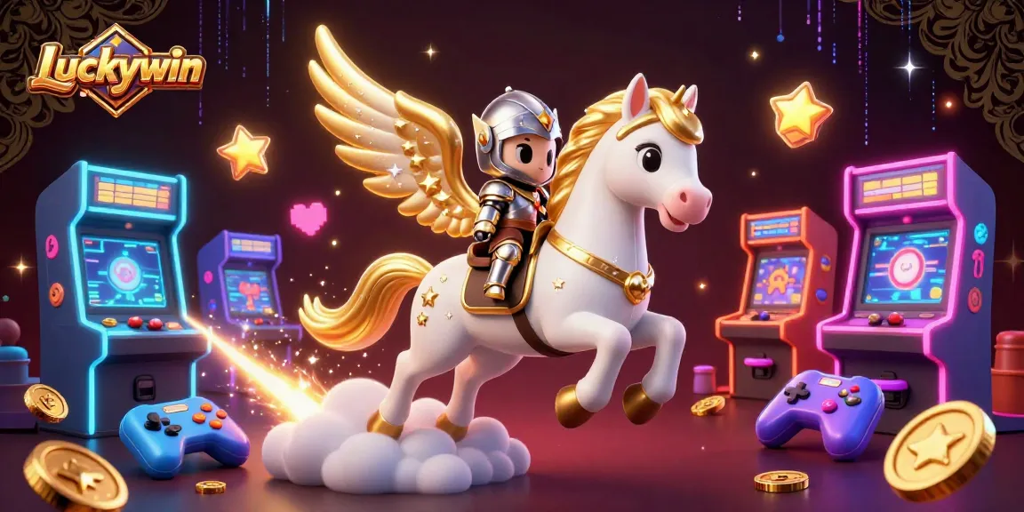 Experience the thrill of Luckywin with a powerful knight riding a celestial horse amidst vibrant gaming elements.