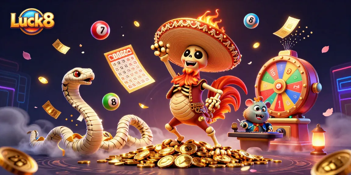 Luck8 showcases a vibrant casino scene with lively characters celebrating their wins.