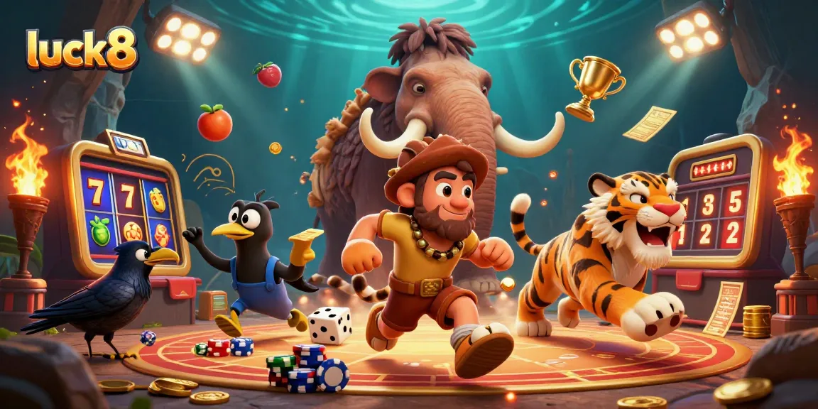 Engage in exciting slots and jackpot activities at luck8 where prehistoric characters navigate a vibrant casino atmosphere.