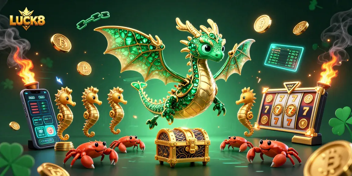 Spin to win with LUCK8's immersive slots scene featuring a dragon and treasure.