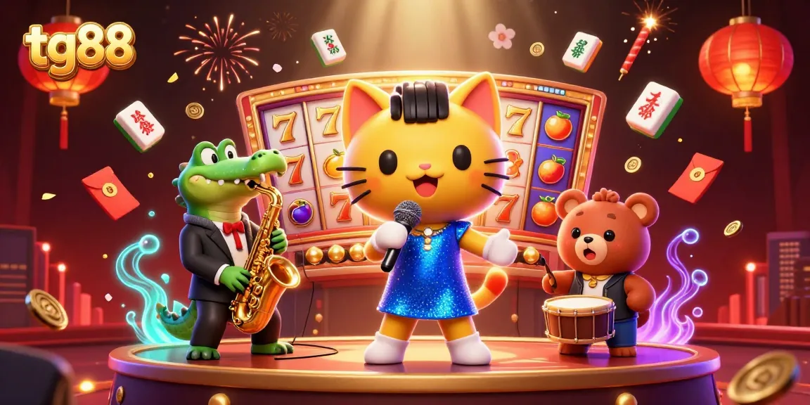 Play slots at tg88 with a jazzy atmosphere featuring a cat singer, crocodile player, and bear drummer.