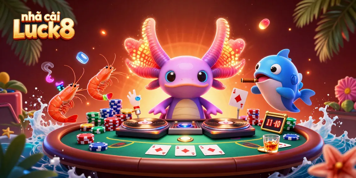 Experience the excitement of nhà cái Luck8 with vibrant casino scenes featuring unique characters and gaming elements.