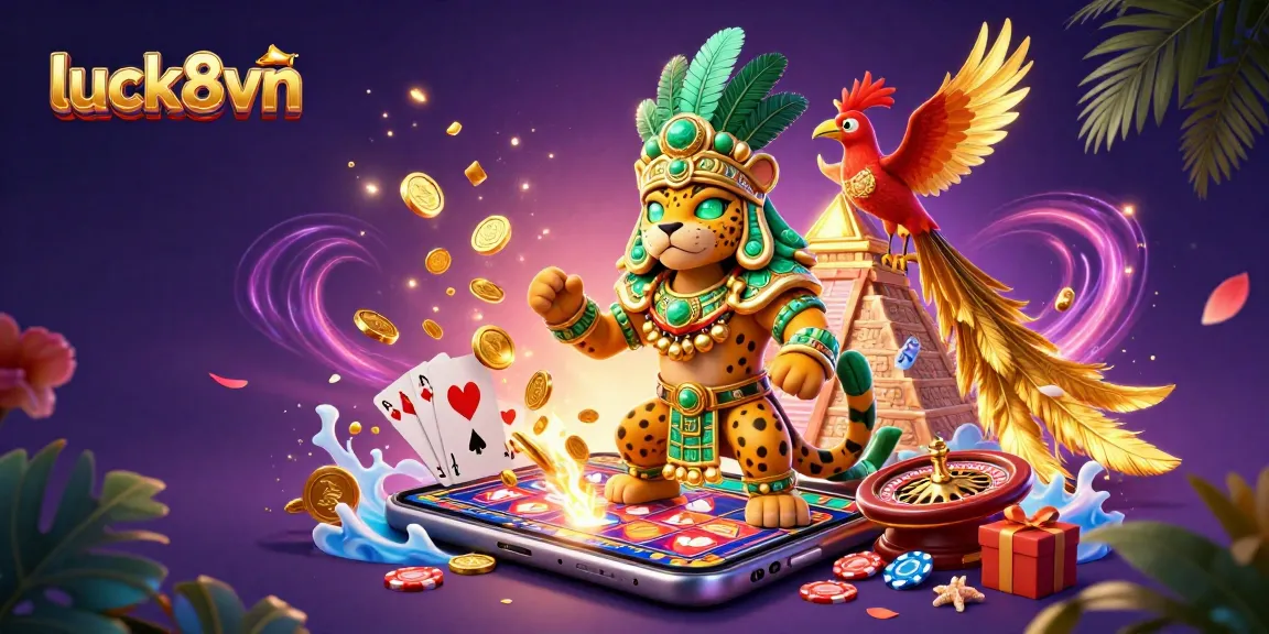 Spin the reels with luck8vn in a vibrant online casino scene featuring a Mayan priest and a quetzal bird.