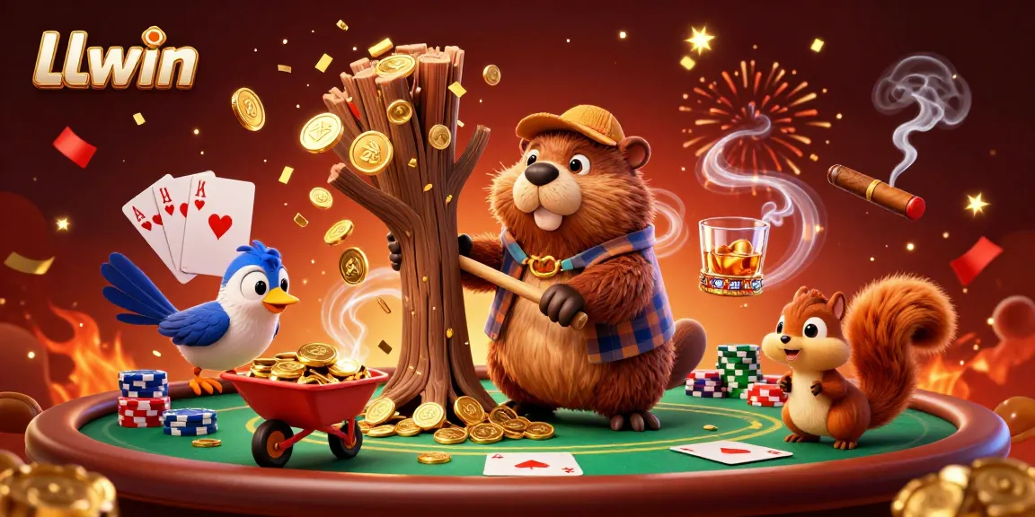 LLwin casino-themed adventure with a beaver and friends gathering gold coins while enjoying poker games.