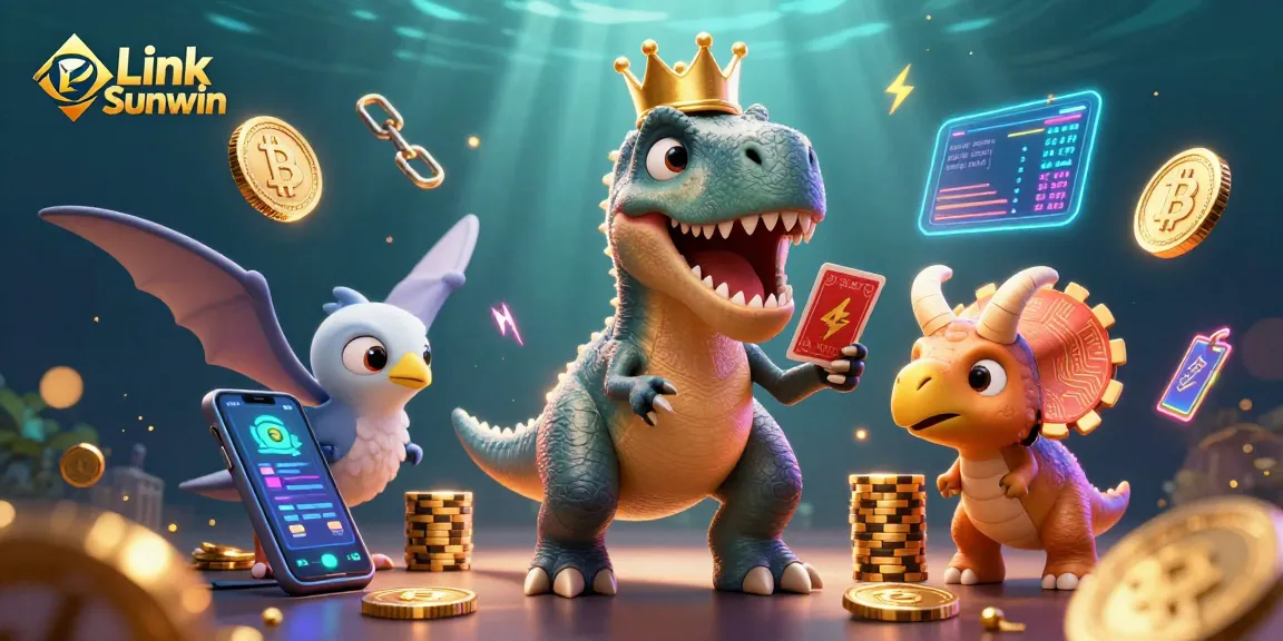 Experience thrilling games with Link Sunwin, featuring vibrant characters and glowing cryptocurrency elements.