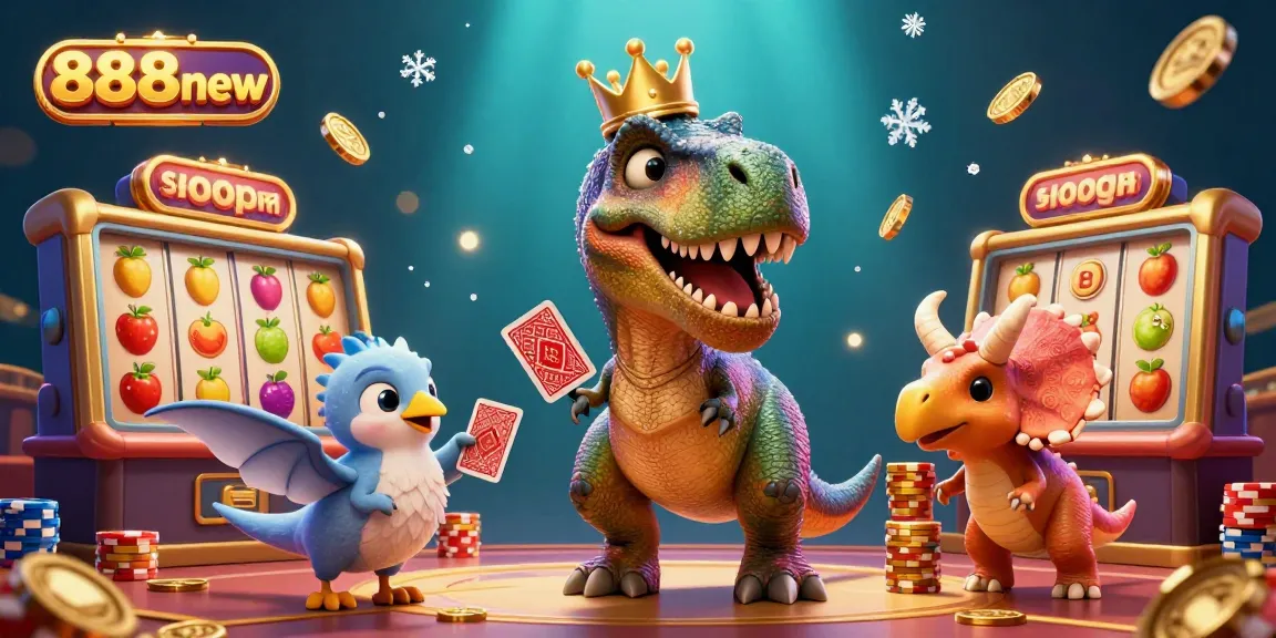 Play exciting games at 888new with a fun, engaging casino scene showcasing lively characters interacting with vibrant gambling symbols.