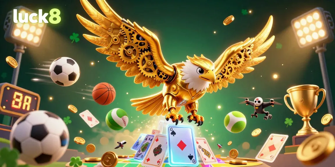 luck8 showcases a dynamic scene with a cybernetic eagle amidst sports elements, embodying vibrant online gaming excitement.