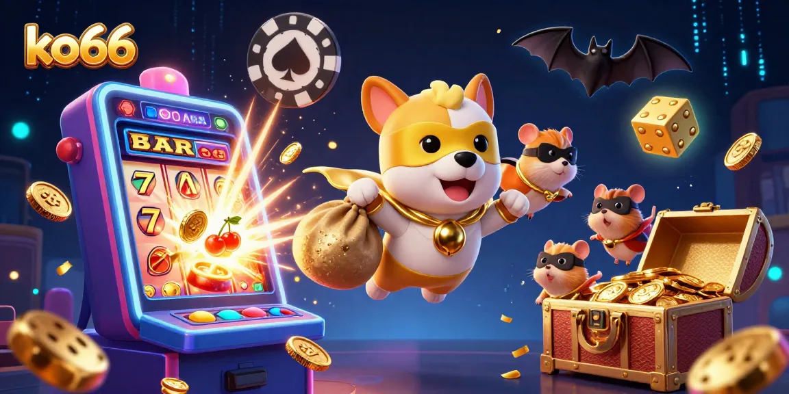 ko66 showcases thrilling casino adventures with a superhero dog and hamster in a vibrant 3D scene.