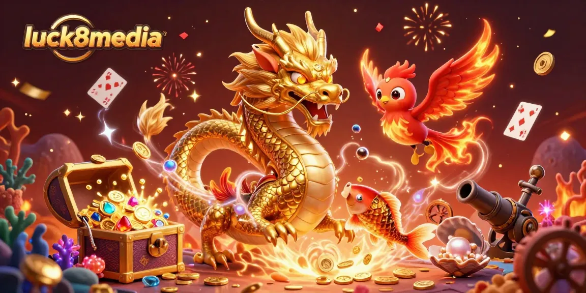 Experience the thrill of gambling with luck8media featuring a vibrant illustration of a golden dragon and koi fish!