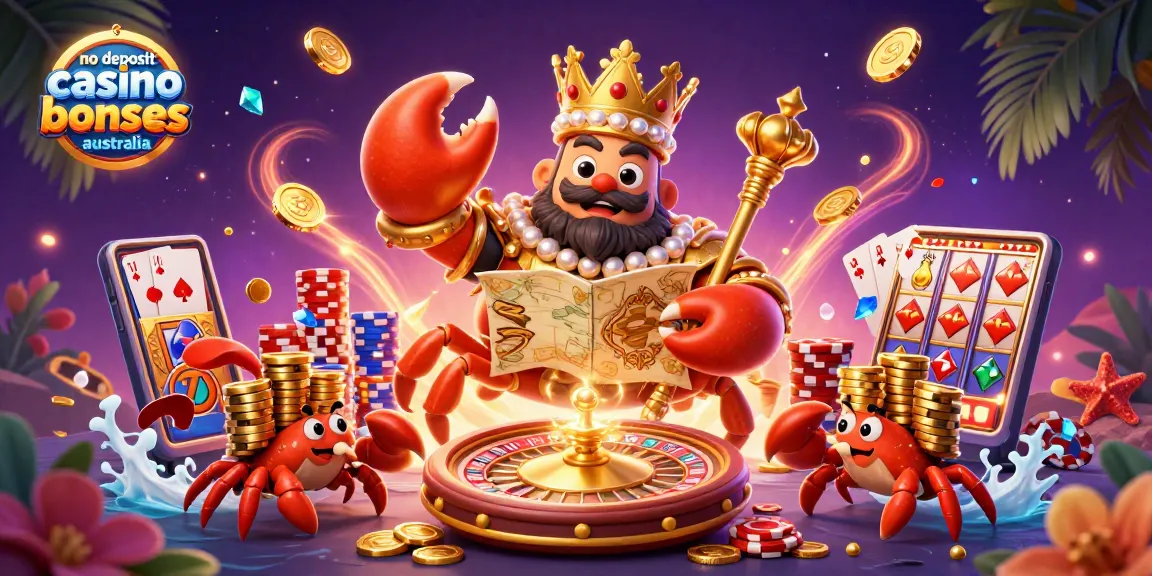 Engage with no deposit casino bonuses australia through a vibrant 3D scene of a golden crab emperor and treasures.