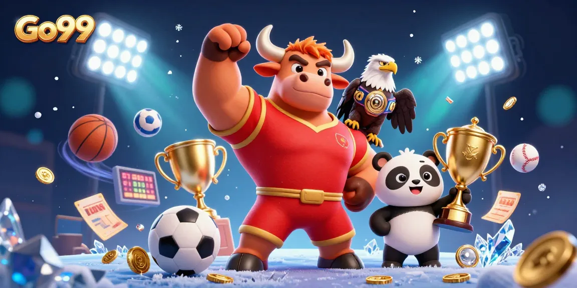 Engage with Go99 as the bull mascot triumphs in a vibrant casino scene filled with dynamic sports elements.