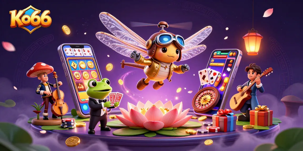 Ko66 players enjoy vibrant slots as a dragonfly pilot and frog dealer create a lively casino scene.