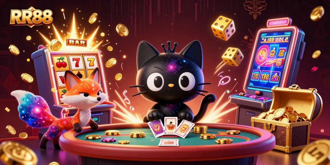 Experience thrilling games at RR88 with vibrant characters and golden casino elements.