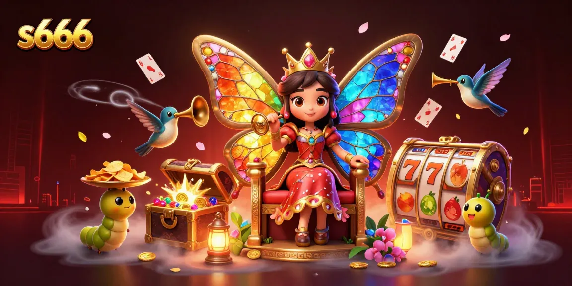 s666 offers a vibrant 3D casino scene with a butterfly queen, chips, and floating slot reels.