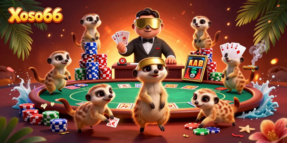 Xoso66 meerkats running a lively casino operation, showcasing poker tables and vibrant game elements.