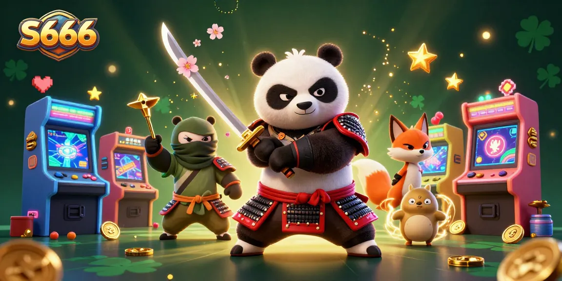 S666 exhilarating experience illustrated by fierce panda samurai and ninja fox in a vibrant casino scene.